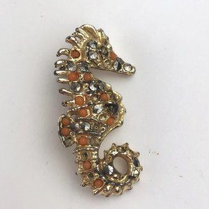 Vtg Gold Toned Orange Rhinestone Seahorse Brooch